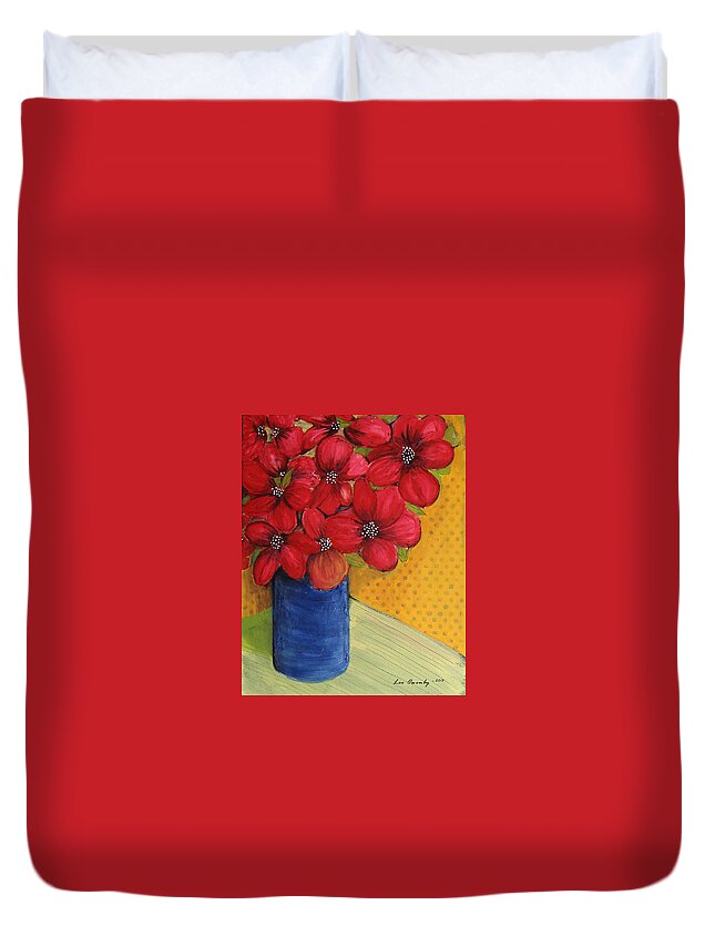 Red Flowers Duvet Cover featuring the painting Red Flowers In A Blue Vase by Lee Owenby