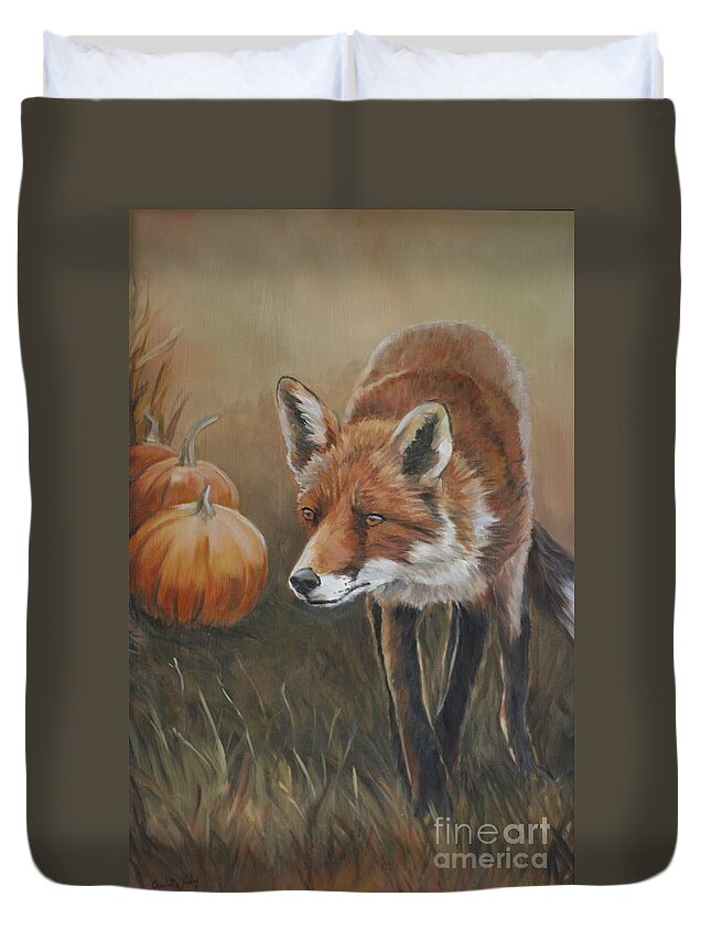 Red Fox Duvet Cover featuring the painting Red Fox with Pumpkins by Charlotte Yealey