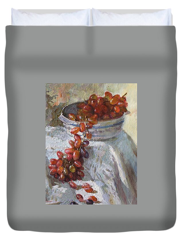 Grapes Duvet Cover featuring the painting Red Grapes by Ylli Haruni