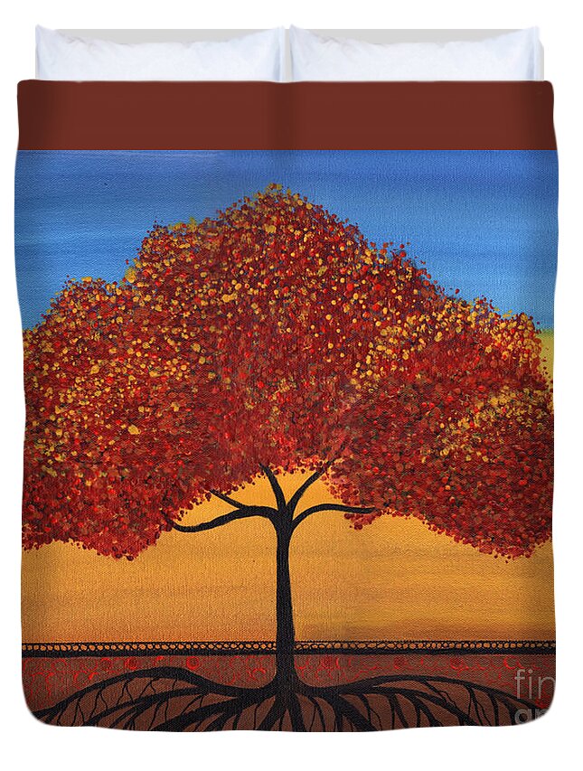 Tree Duvet Cover featuring the painting Red Happy Tree by Lee Owenby