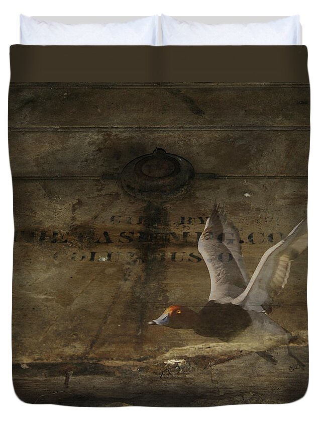  Duvet Cover featuring the photograph Red Head Duck old Box by Randall Branham