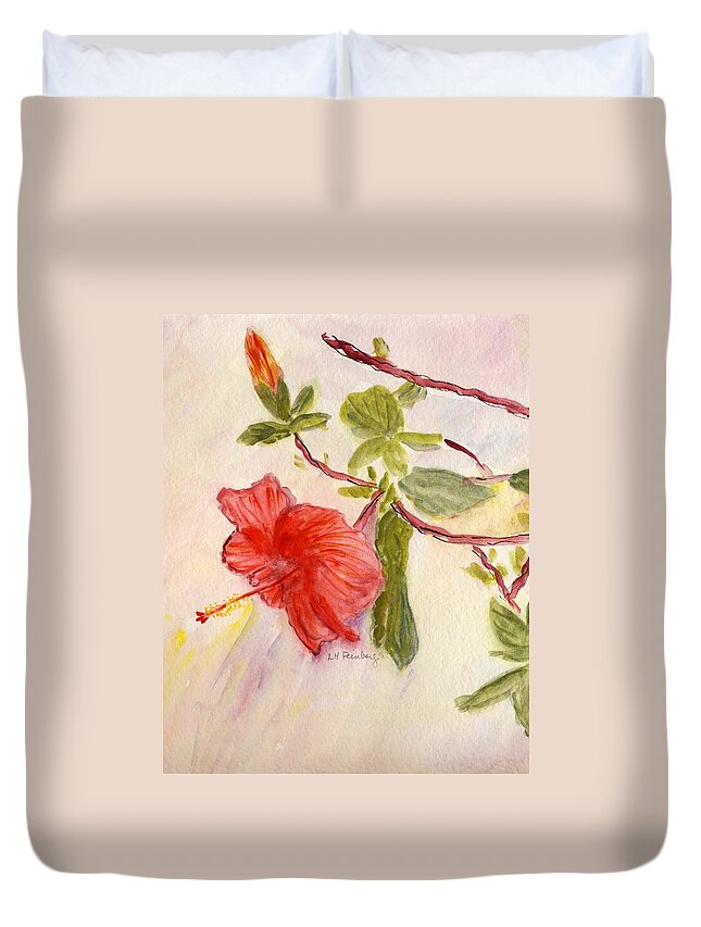Flowers Duvet Cover featuring the painting Red Hibiscus by Linda Feinberg