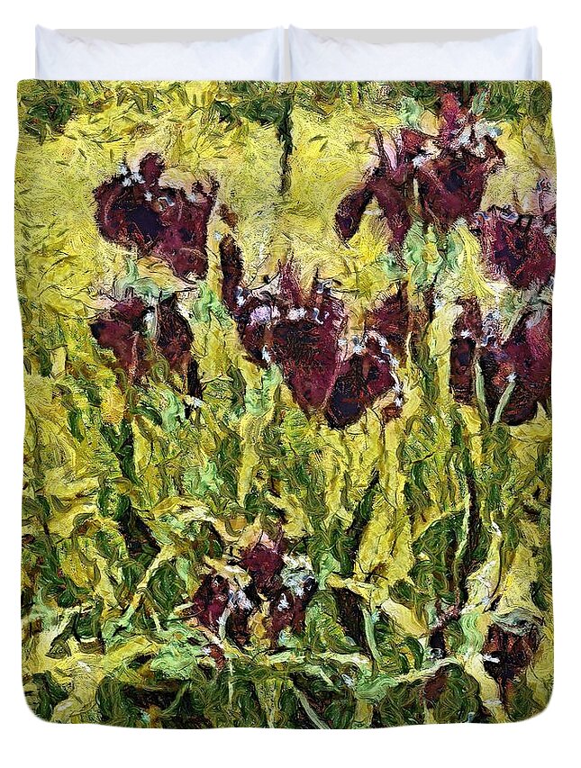 Floral Duvet Cover featuring the digital art Red Irises by Dragica Micki Fortuna