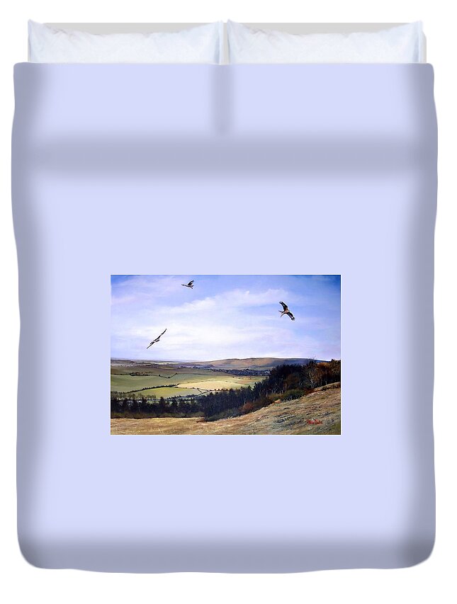  Red Kites Duvet Cover featuring the painting Red Kites at Coombe Hill by Barry BLAKE