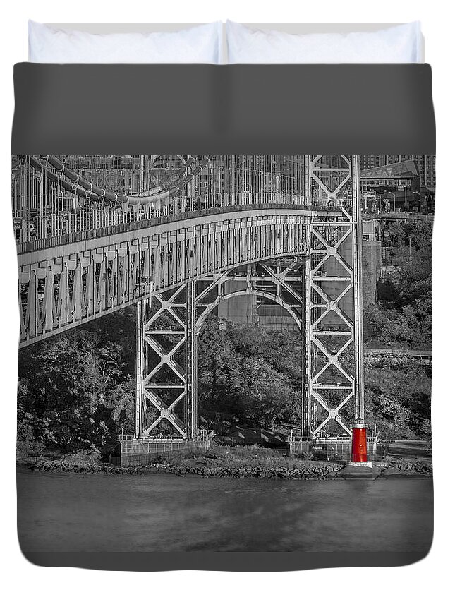 Autumn Duvet Cover featuring the photograph Red Lighthouse And Great Gray Bridge BW by Susan Candelario