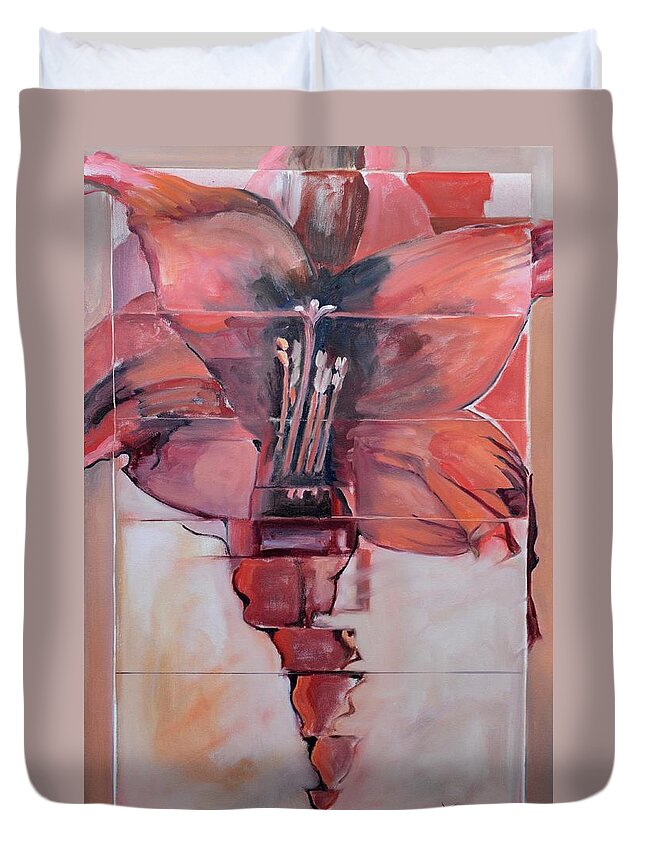 Floral Duvet Cover featuring the painting Red Lily by Donna Tuten
