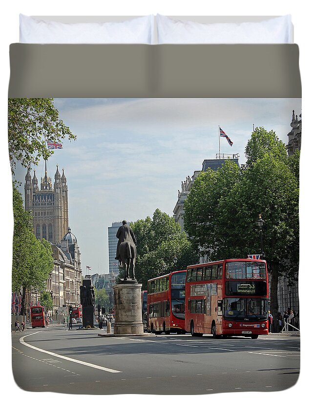 Red London Bus Duvet Cover featuring the photograph Red London bus in Whitehall by Tony Murtagh