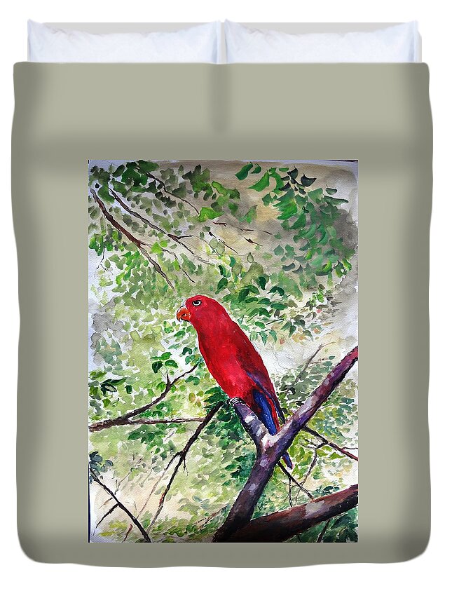 Bird Duvet Cover featuring the painting Red Parrot of Papua by Jason Sentuf