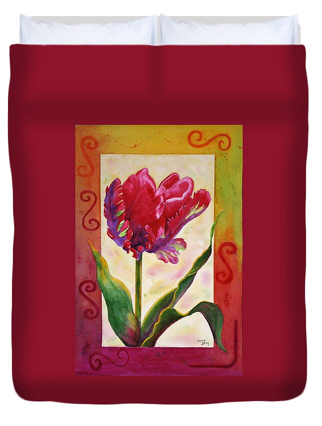 Tulip Duvet Cover featuring the painting Red Parrot Tulip by Nancy Jolley
