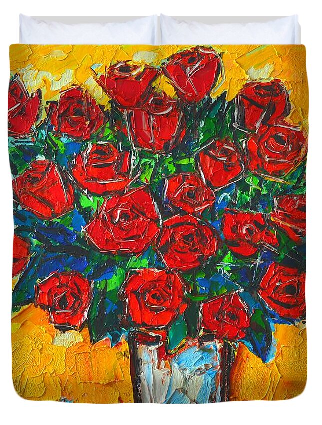 Roses Duvet Cover featuring the painting Red Passion Roses by Ana Maria Edulescu