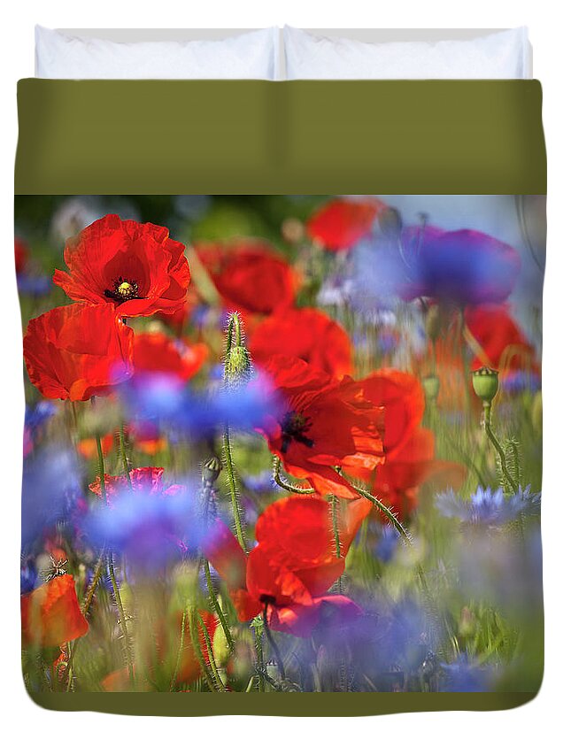 Poppy Duvet Cover featuring the photograph Red Poppies in the Maedow by Heiko Koehrer-Wagner