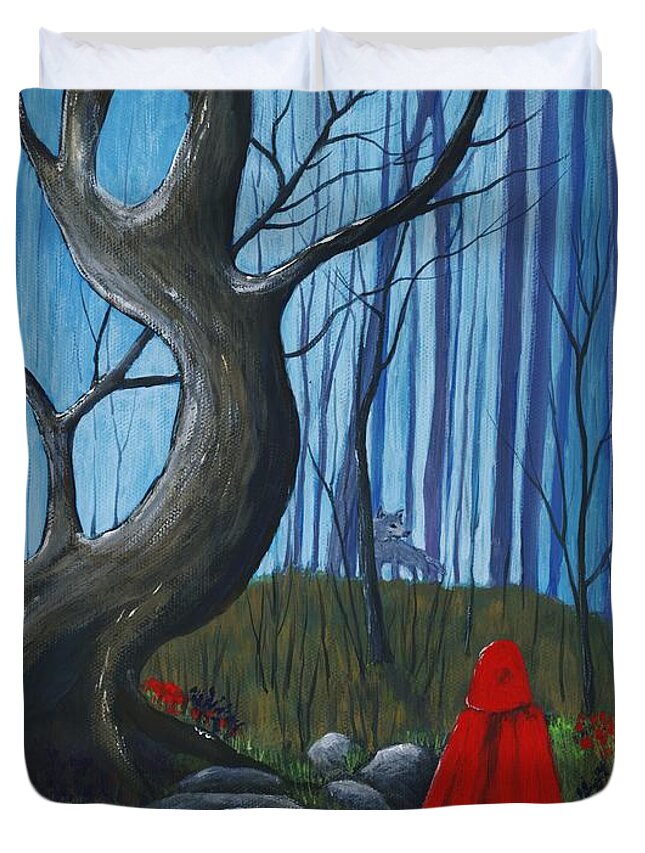 Red Duvet Cover featuring the painting Red Riding Hood in the Forest by Anastasiya Malakhova