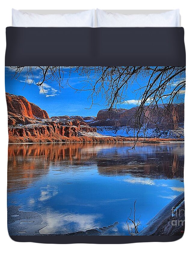 Moab Utah Duvet Cover featuring the photograph Red Rocks Ice And Blue Skies by Adam Jewell