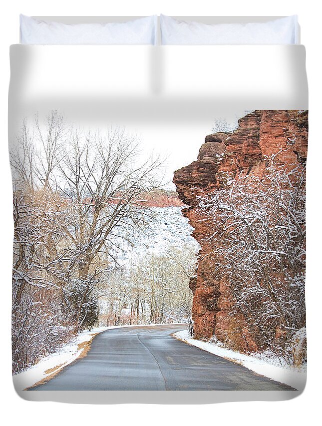Red Rocks Duvet Cover featuring the photograph Red Rocks Winter Landscape Drive by James BO Insogna