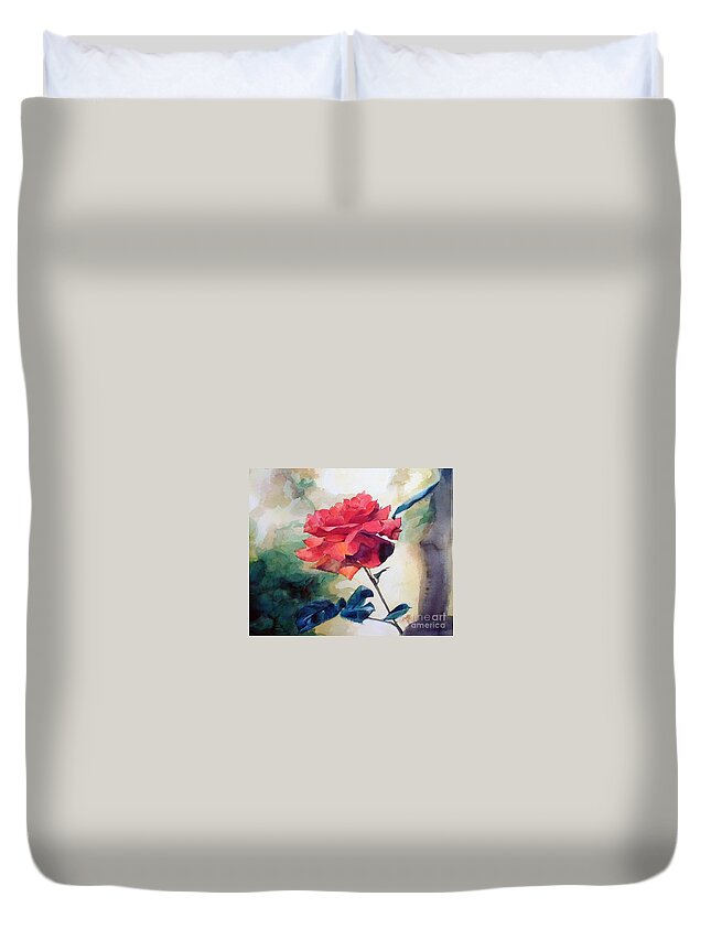 Red Rose Duvet Cover featuring the painting Watercolor of a Single Red Rose on a Branch by Greta Corens