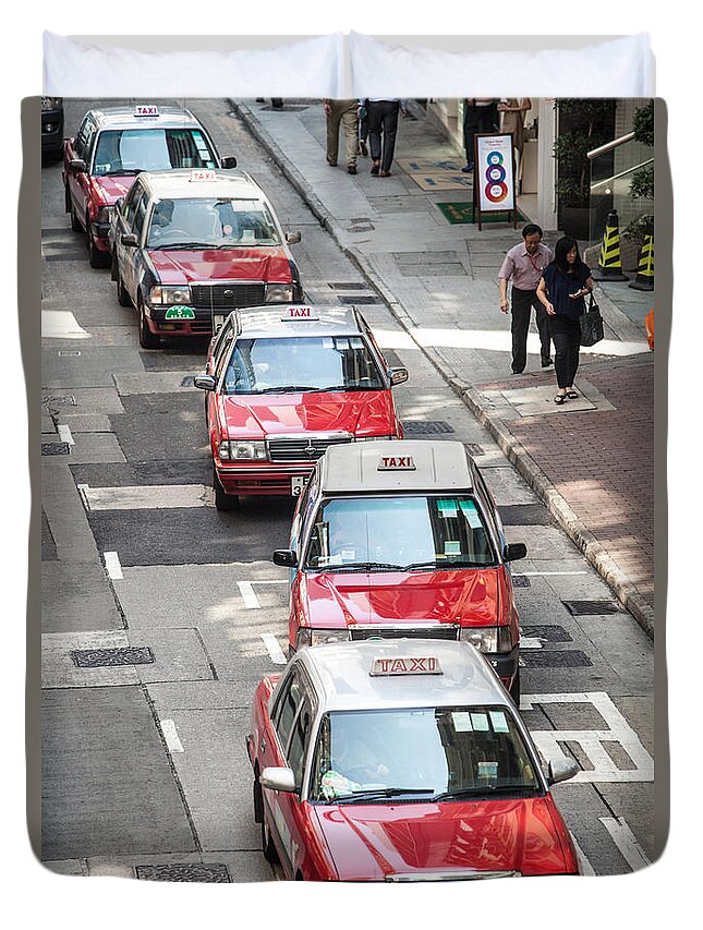 Taxi Duvet Cover featuring the photograph Red taxis - Hong Kong by Matteo Colombo