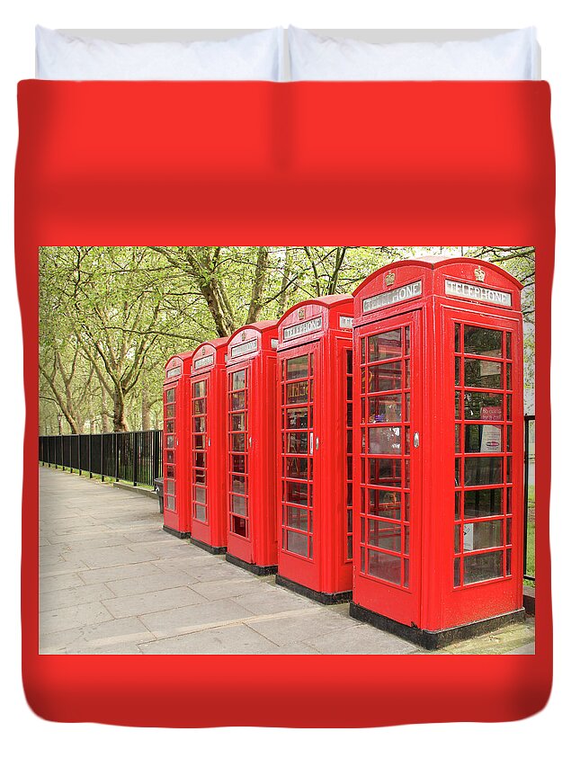 Five Objects Duvet Cover featuring the photograph Red Telephone Boxes by Daniela Duncan