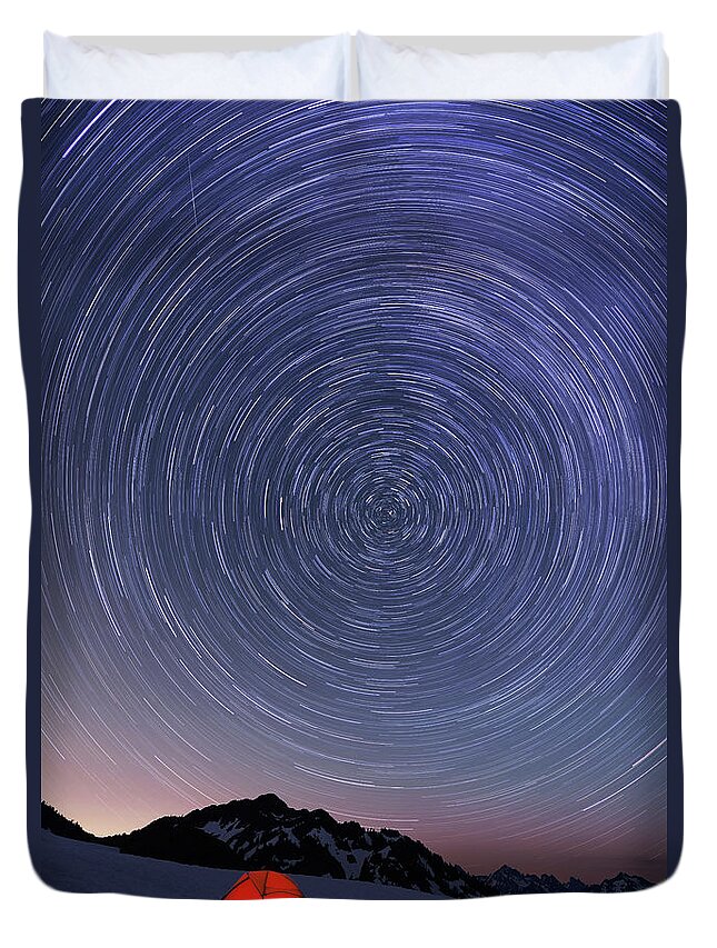 Camping Duvet Cover featuring the photograph Red Tent And Star Trails On Snow by Lijuan Guo Photography