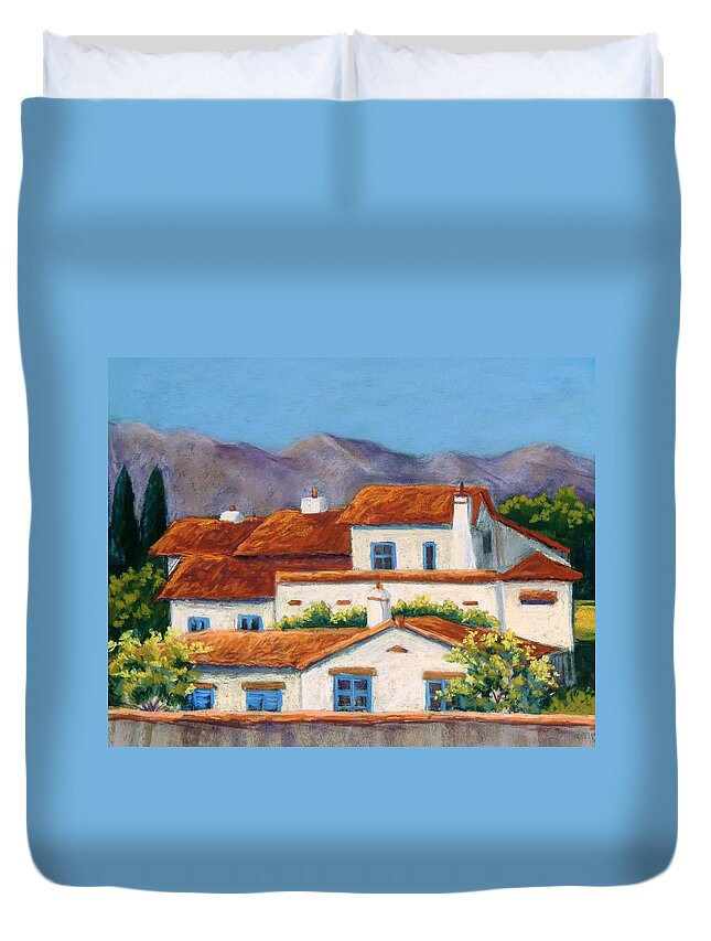 Spanish Buildings Duvet Cover featuring the pastel Red Tile Roofs by Candy Mayer