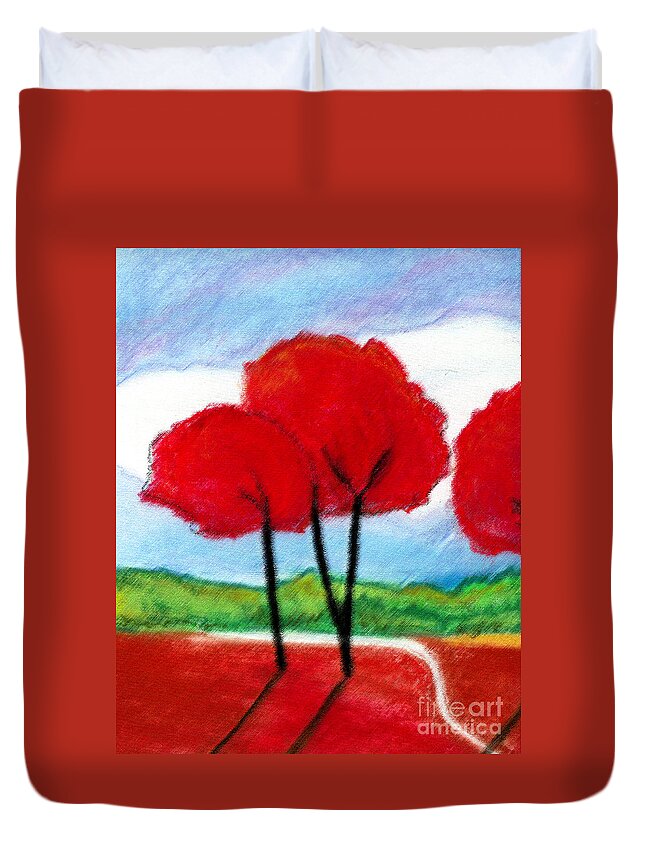 Pastel Duvet Cover featuring the mixed media Red Trees by Ruth Dailey