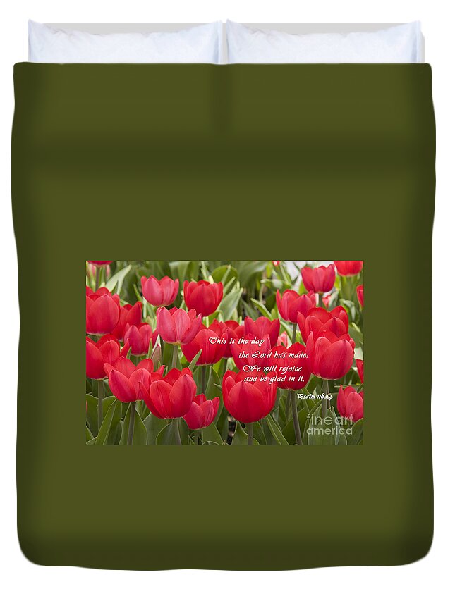 Red Duvet Cover featuring the photograph Red Tulips with Scripture by Jill Lang