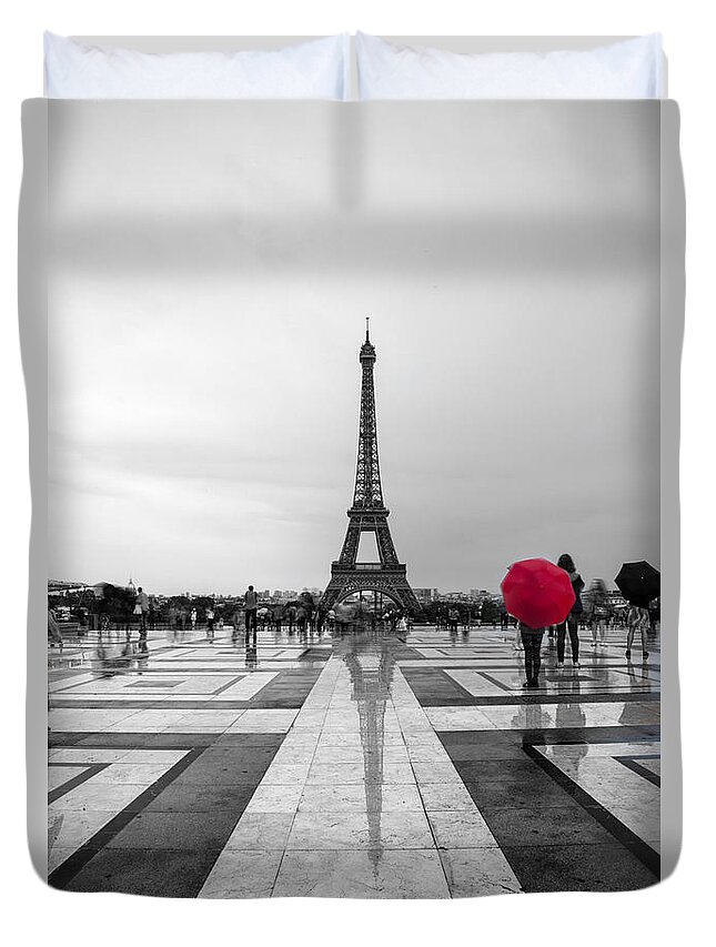 Eiffel Duvet Cover featuring the photograph Red Umbrella by Timothy Johnson