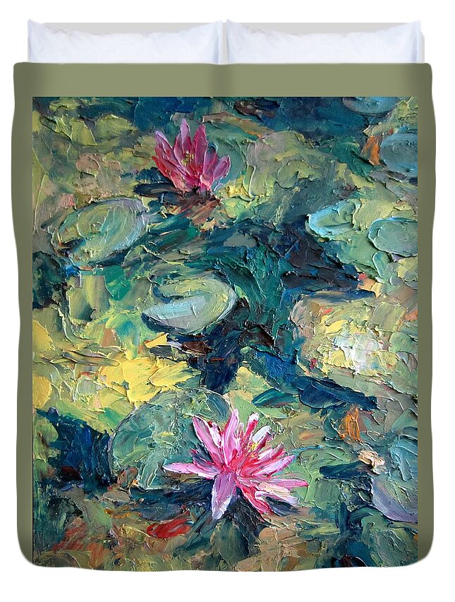Red Waterlily Duvet Cover featuring the painting Red Waterlily by Jieming Wang