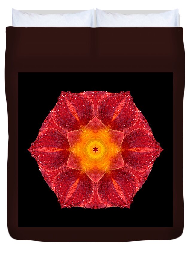 Flower Duvet Cover featuring the photograph Red Wet Lily Flower Mandala by David J Bookbinder