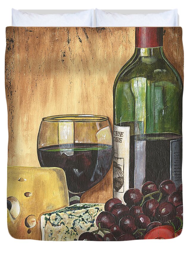 #faatoppicks Duvet Cover featuring the painting Red Wine and Cheese by Debbie DeWitt