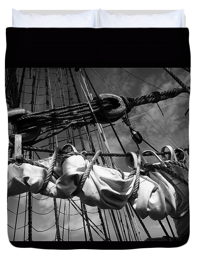 18th Century Duvet Cover featuring the photograph Reefed canvas sail and rigging - monochrome by Ulrich Kunst And Bettina Scheidulin