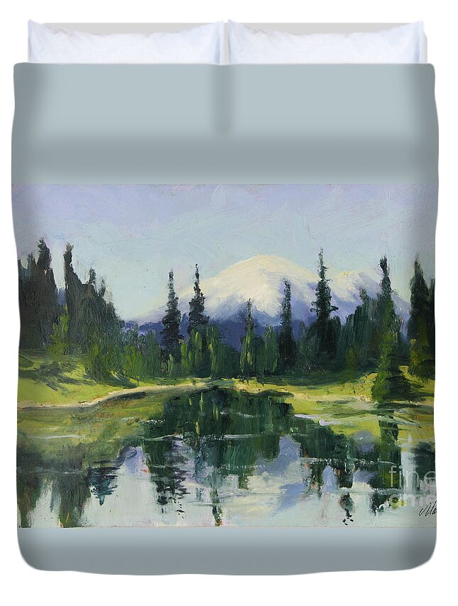 Mountain Duvet Cover featuring the painting Picnic by the Lake II by Maria Hunt