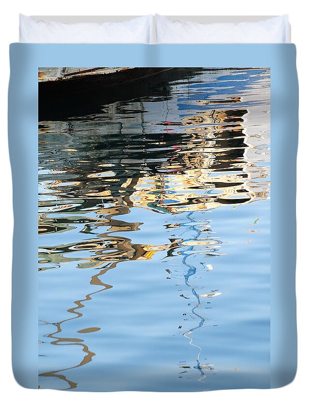 Water Italy Reflections Boats White Blue Duvet Cover featuring the photograph Reflections - white by Susie Rieple