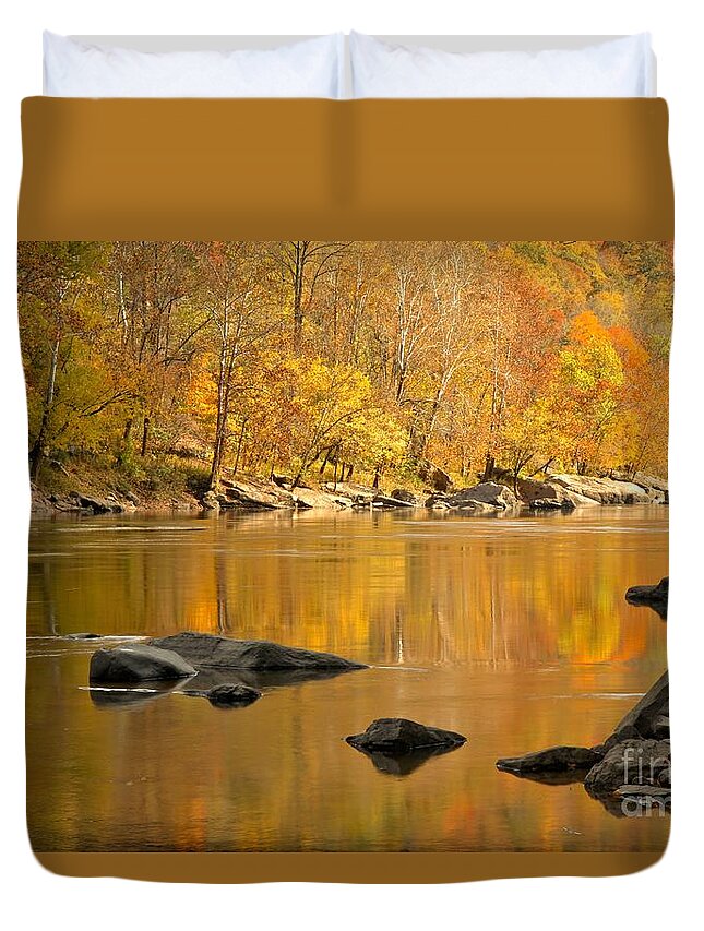 New River Duvet Cover featuring the photograph Reflections And River Rocks In The New River by Adam Jewell