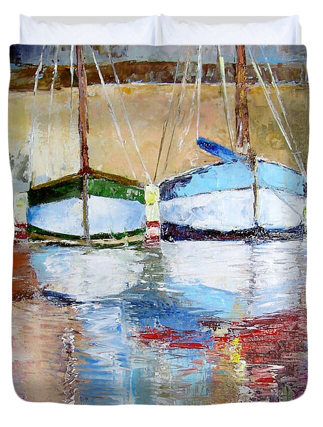 Boats Duvet Cover featuring the painting Reflections by Janet Garcia