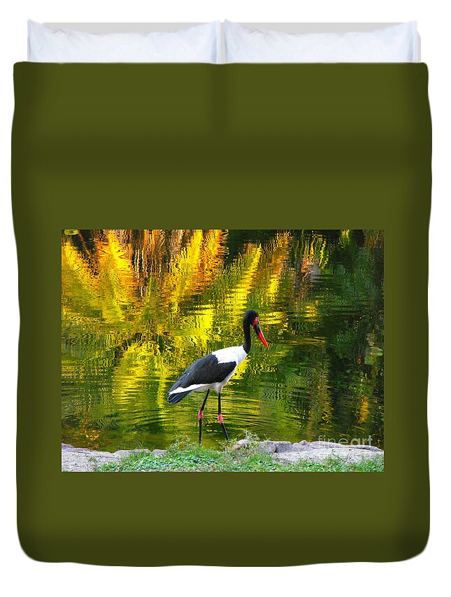 Pond Duvet Cover featuring the photograph Reflective Crane by Erick Schmidt