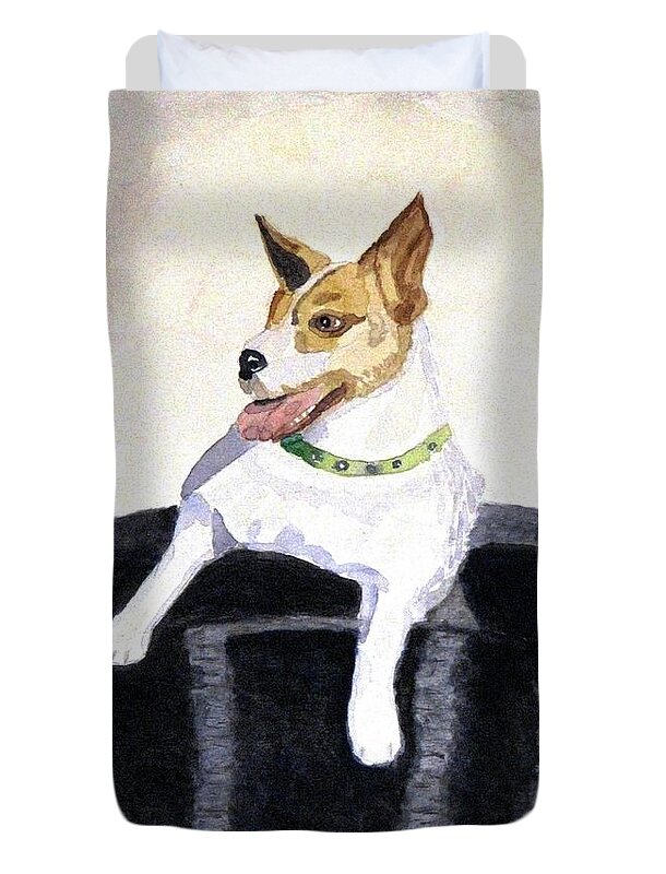 Jack Russell Duvet Cover featuring the painting Reggie in a Top Hat by Angela Davies