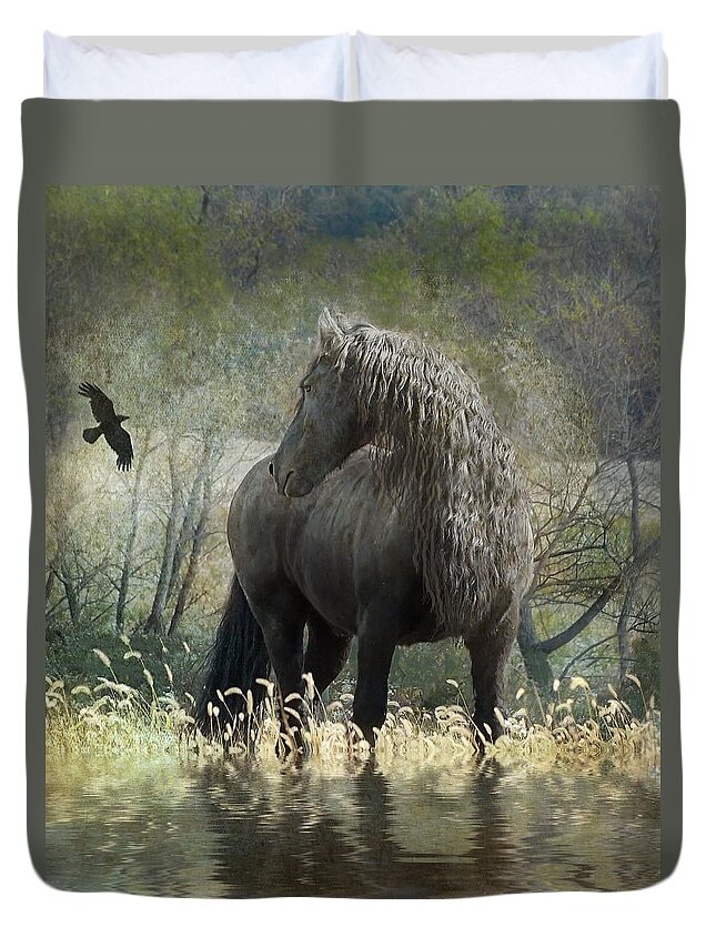 Friesian Horses Duvet Cover featuring the photograph Remme and the Crow by Fran J Scott