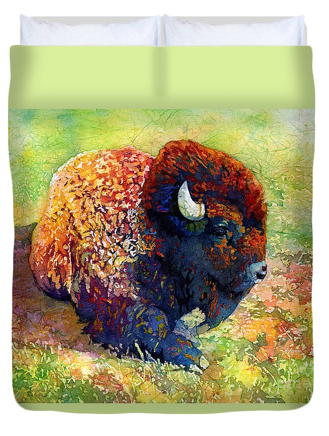 Bison Duvet Cover featuring the painting Resting Bison by Hailey E Herrera
