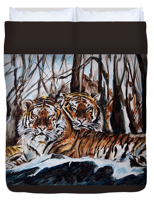 Tiger Duvet Cover featuring the painting Resting by Harsh Malik