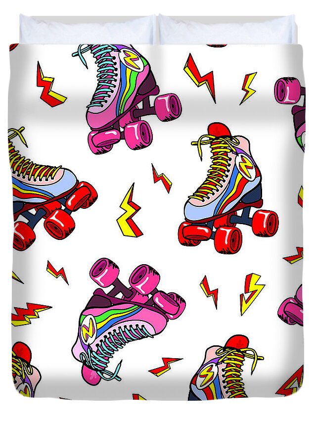 1980-1989 Duvet Cover featuring the digital art Retro Roller Derby Skates With The by Innapoka