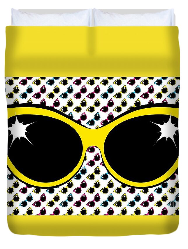Sunglasses Duvet Cover featuring the digital art Retro Yellow Cat Sunglasses by MM Anderson