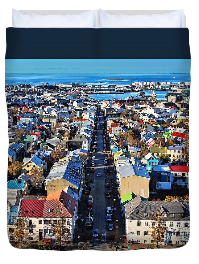 Reykjavik Duvet Cover featuring the photograph Reykjavik Cityscape Panorama by Jasna Buncic