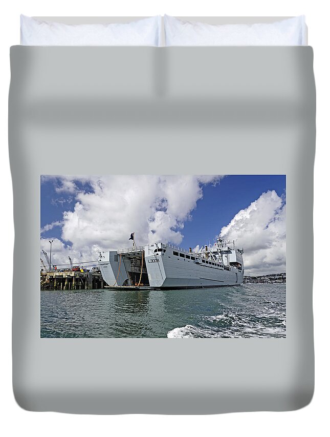 Britain Duvet Cover featuring the photograph RFA Mounts Bay L3008 - Falmouth Docks by Rod Johnson