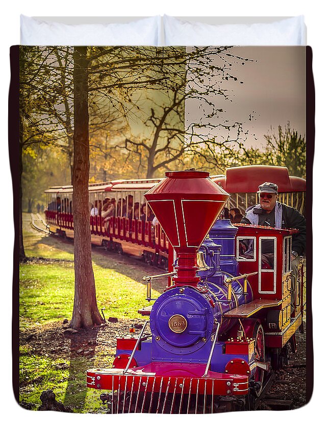 Train Duvet Cover featuring the photograph Riding out of the Sunset on the Hermann Park Train by David Morefield