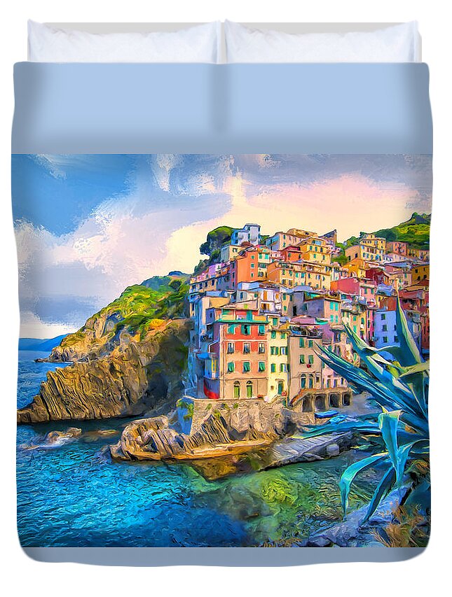Italy Duvet Cover featuring the painting Riomaggiore Morning - Cinque Terre by Dominic Piperata