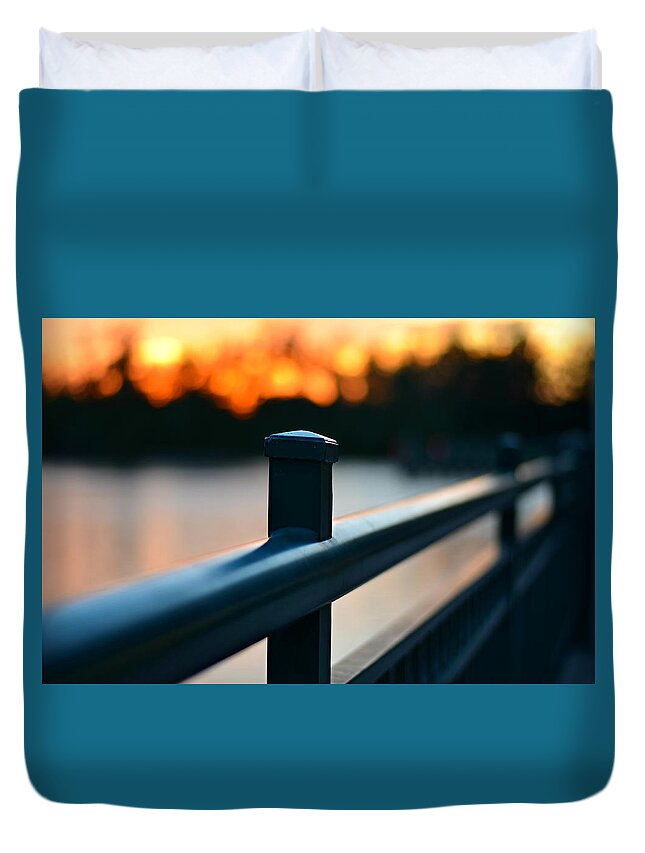 Sunset Duvet Cover featuring the photograph Fiery Sunset Bridge by Laura Fasulo