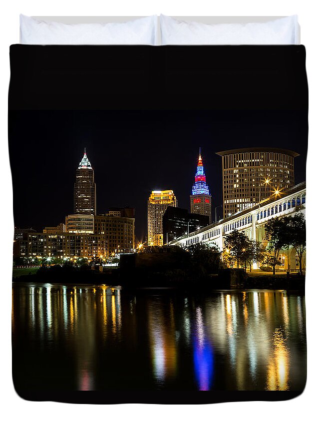  Cleveland Skyline Duvet Cover featuring the photograph River Reflections of Cleveland Ohio by Dale Kincaid