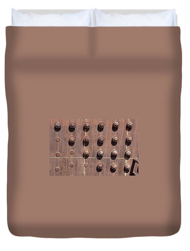 Chama Duvet Cover featuring the photograph Chama -rivets on steam engine boiler by Steven Ralser