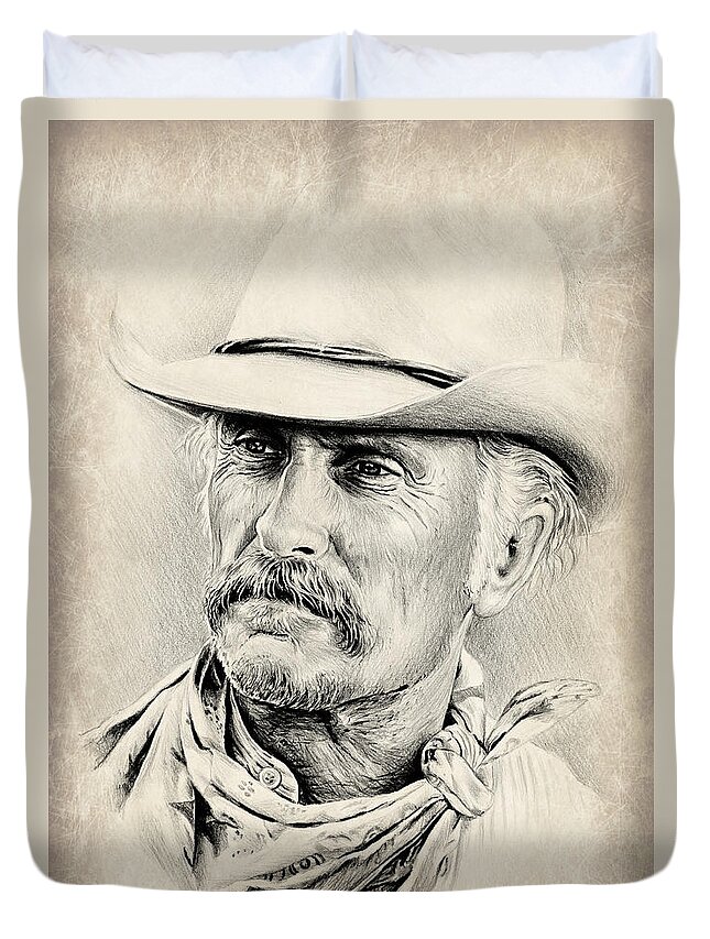 Robert Duvall Duvet Cover featuring the drawing Robert Duvall sepia scratch by Andrew Read