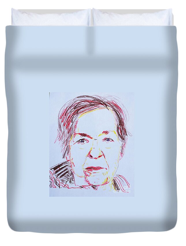 Elderly Duvet Cover featuring the drawing Roberta's Portrait by PainterArtist FIN